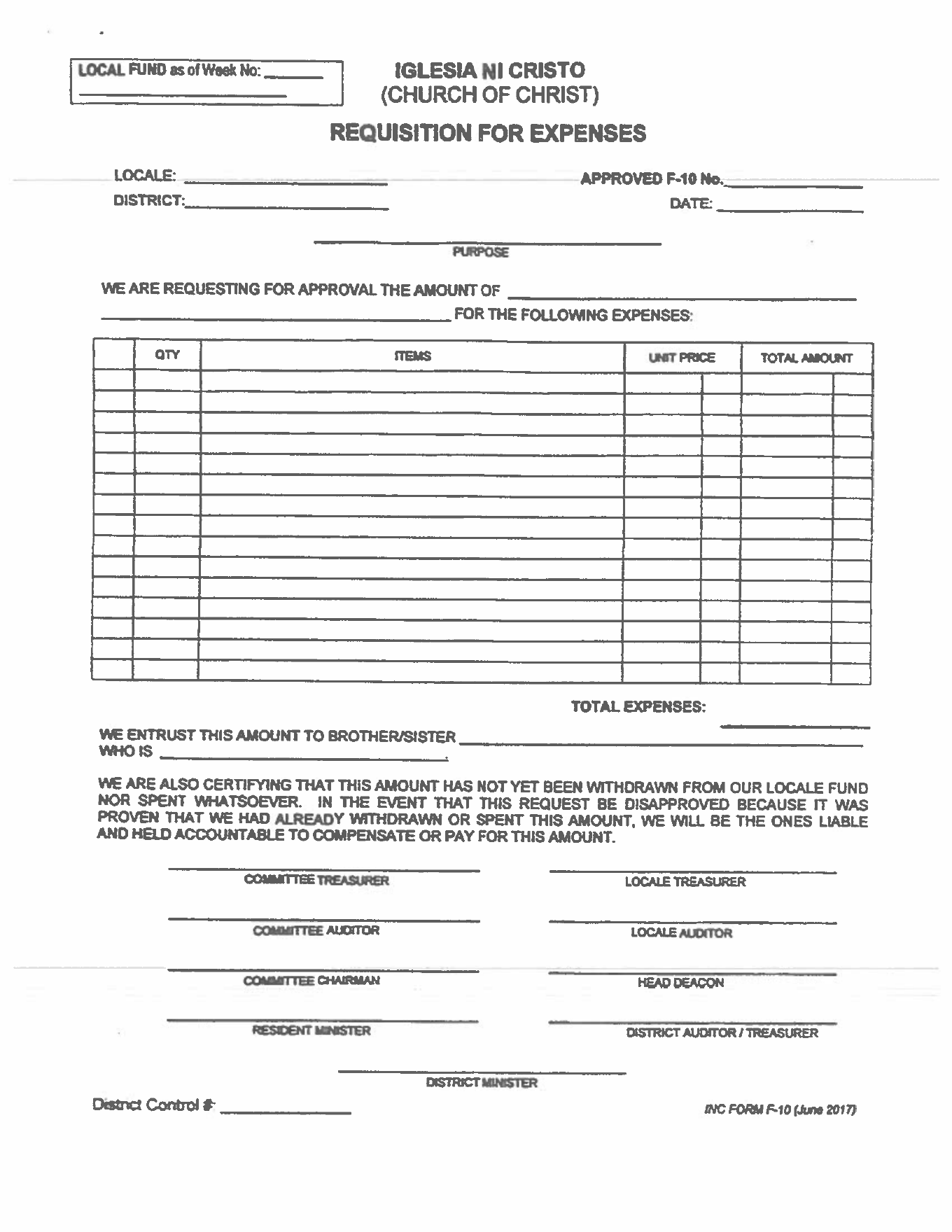 Original blank F-10 requisition form